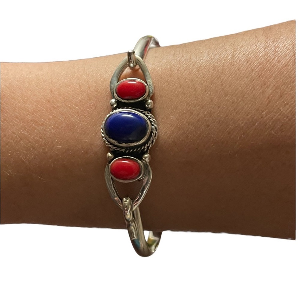 Sterling Silver, Lapis Lazuli, and Coral Bangle Bracelet